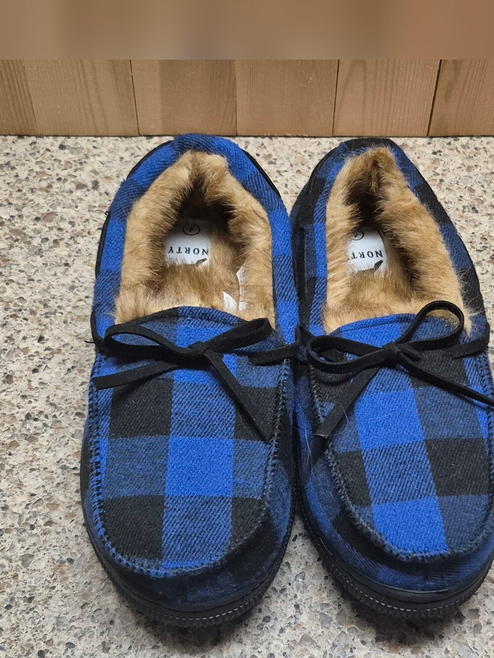 ​Norty Youth Boys Slipper Moccasins Sz 4 Blue Black Buffalo Plaid Faux Fur Lined